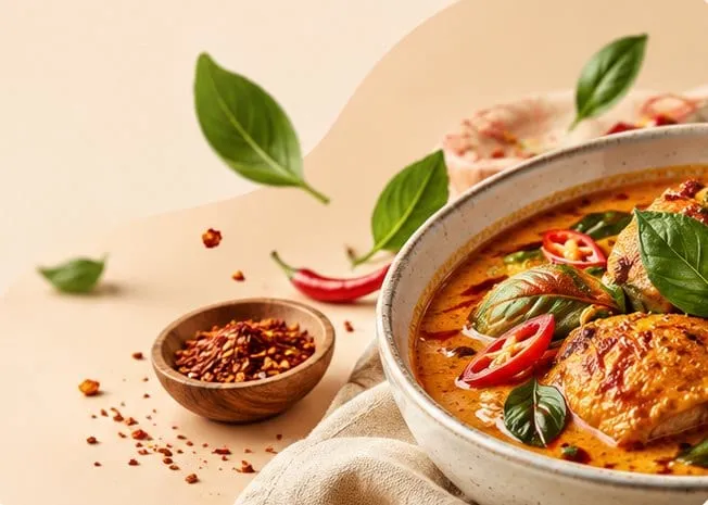 Ayam masak merah dalam kuali dengan sos pedas manis
