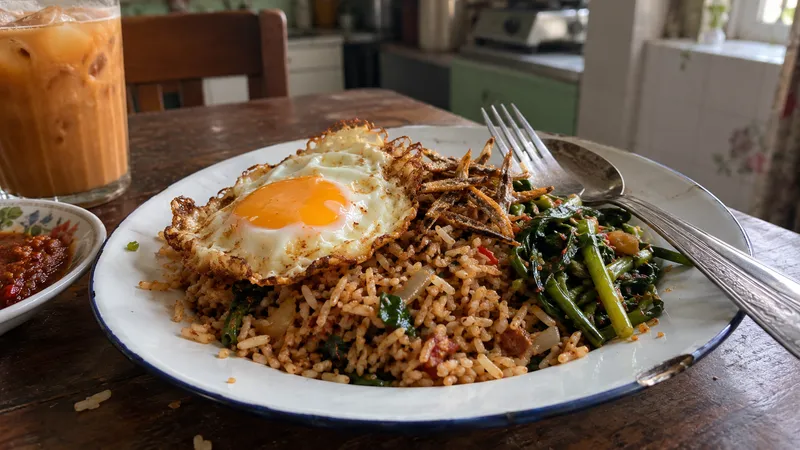 Nasi goreng kampung yang kering dan berderai dengan telur mata, ikan bilis goreng dan kangkung di atas pinggan
