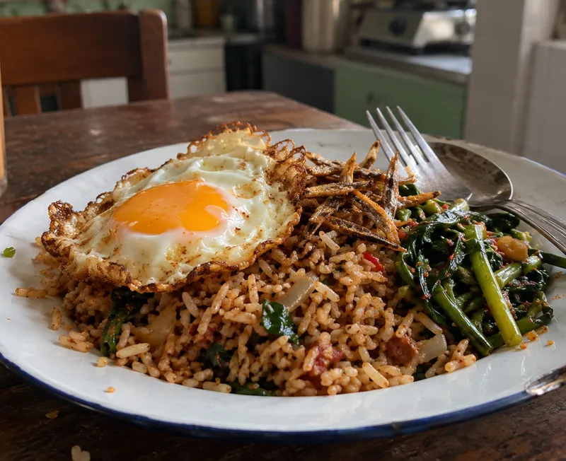 Nasi goreng kampung yang kering dan berderai dengan telur mata, ikan bilis goreng dan kangkung di atas pinggan
